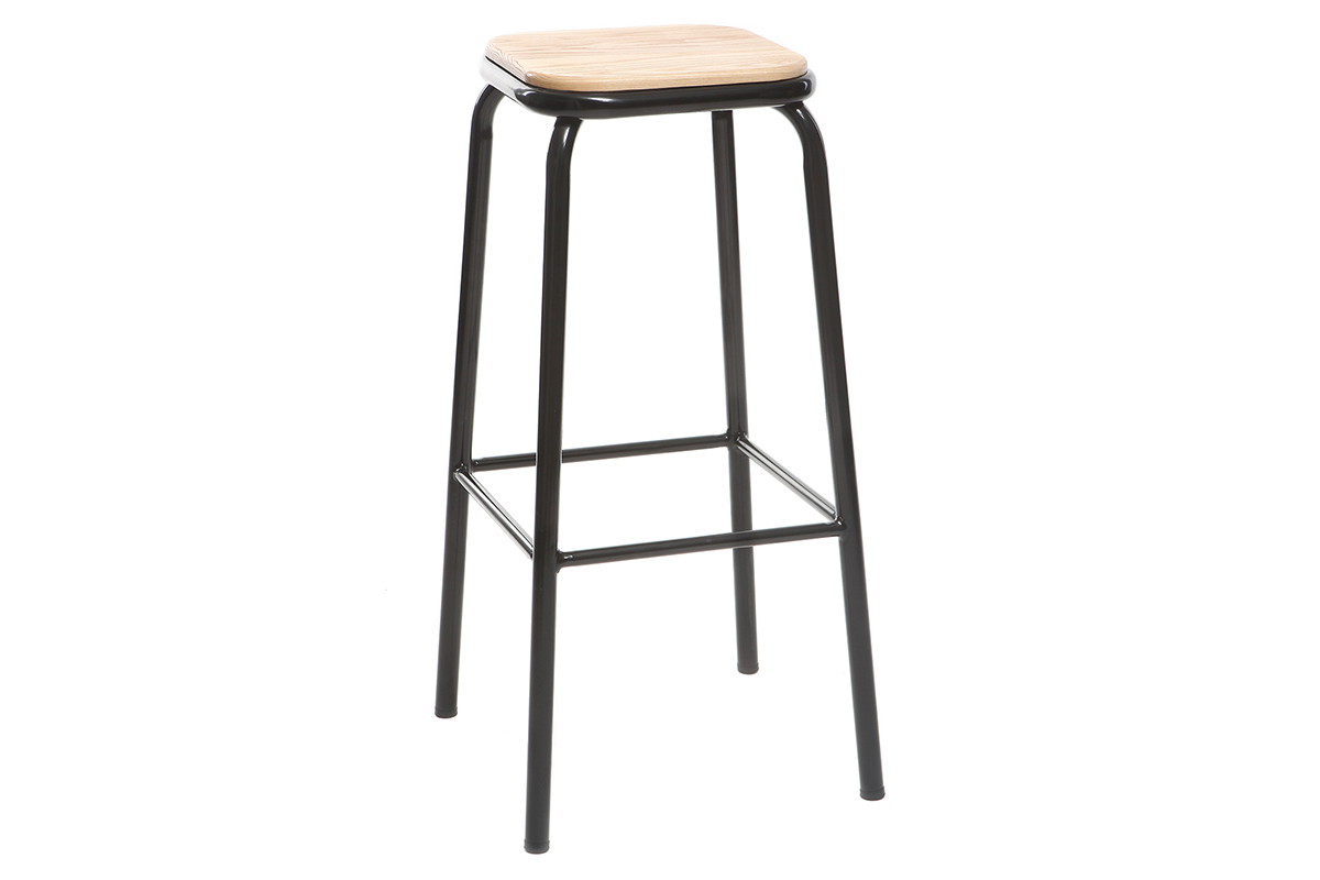 Tabouret de bar design noir et bois clair H75 cm (lot de 2) MEMPHIS