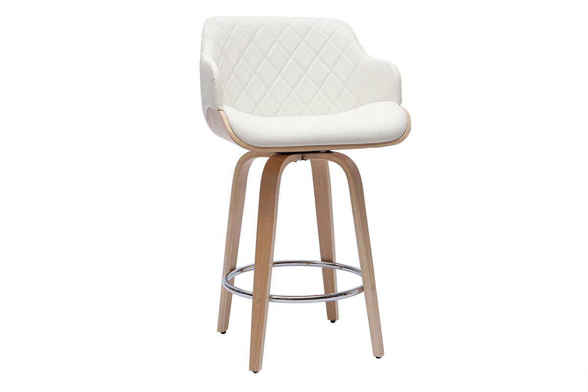 Tabouret de bar design pivotant 360 blanc et bois clair H65 cm LUCIEN