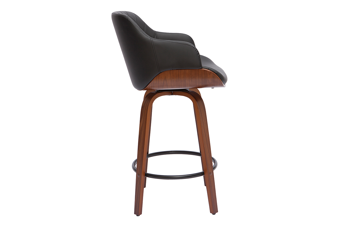 Tabouret de bar design pivotant 360 noir et bois fonc H65 cm LUCIEN