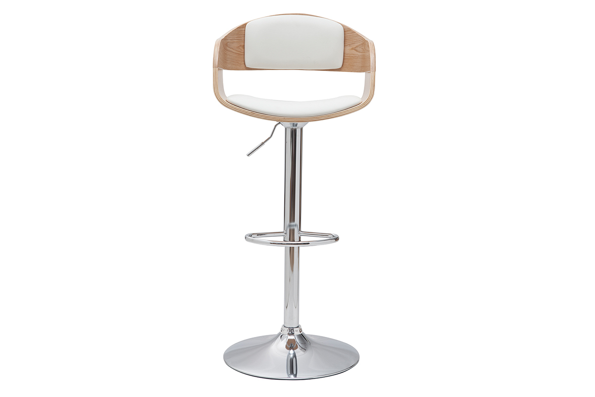 Tabouret de bar design rglable blanc et bois clair EUSTACHE