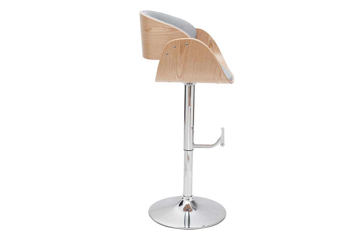 Tabouret de bar design rglable en tissu gris clair et bois clair BENT