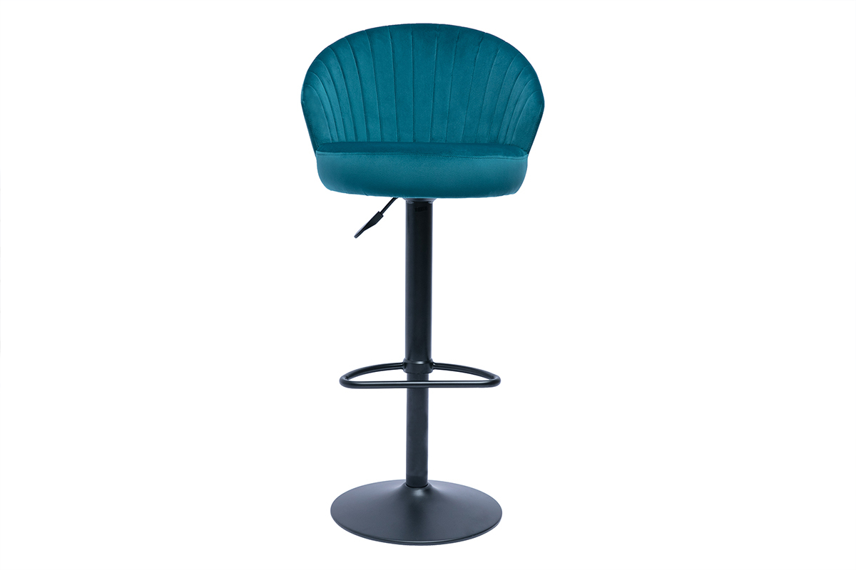 Tabouret de bar design rglable et pivotant en tissu velours gaufr bleu canard IZAAC