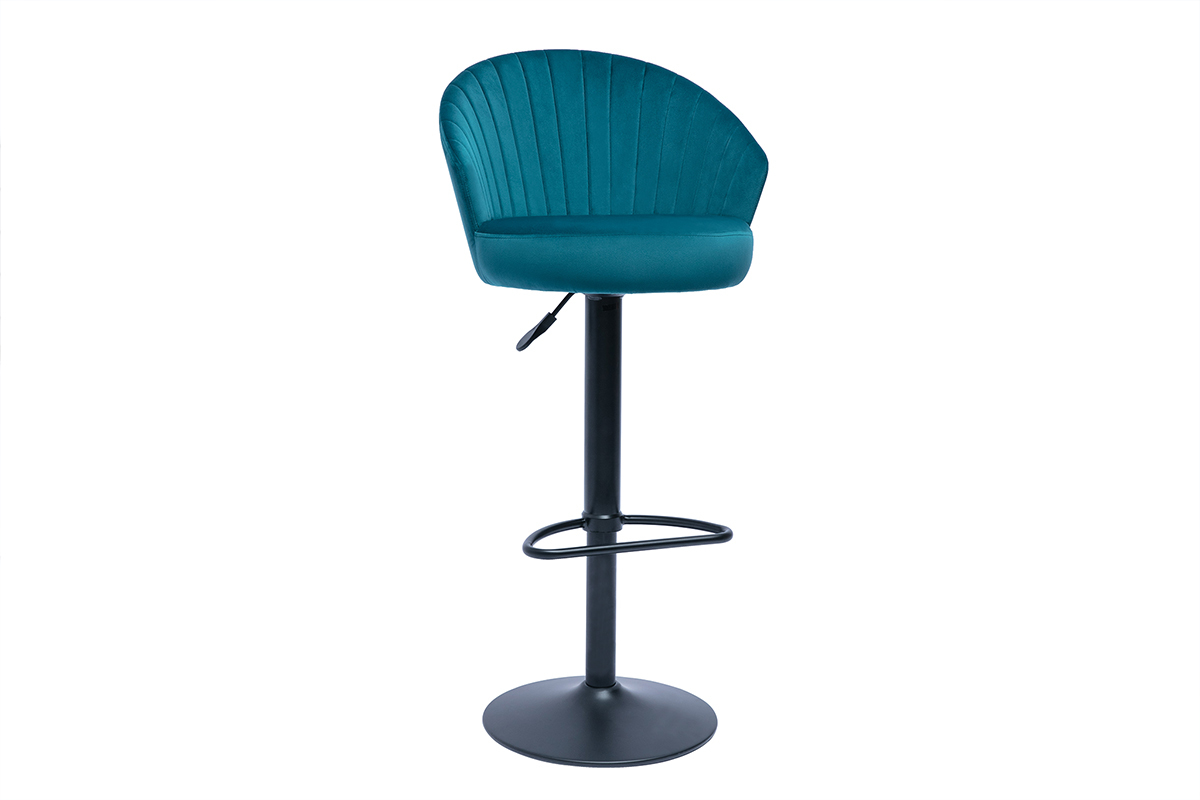 Tabouret de bar design rglable et pivotant en tissu velours gaufr bleu canard IZAAC