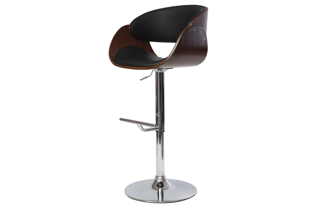 Tabouret de bar design rglable noir et bois fonc BENT