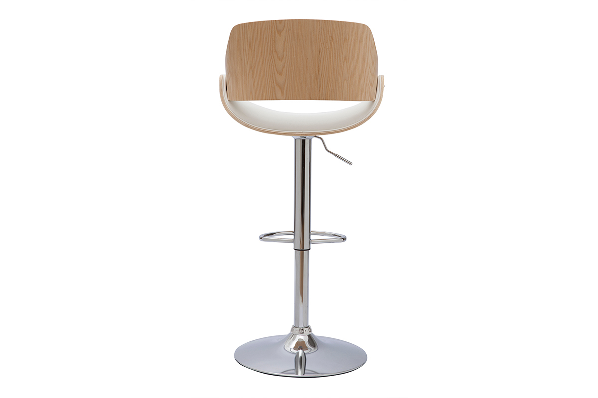 Tabouret de bar design rglable pivotant 360 blanc et bois clair CLASH