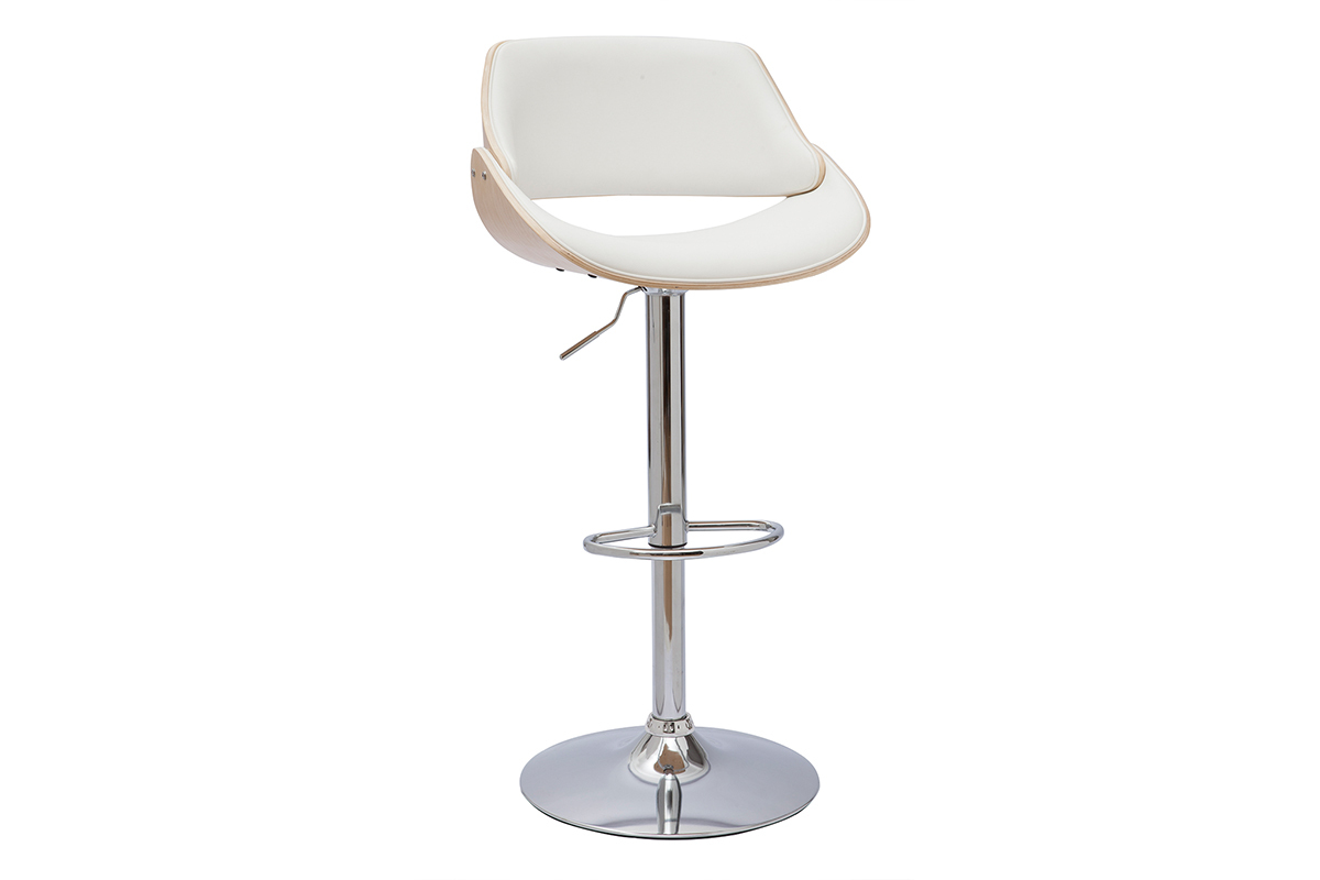 Tabouret de bar design rglable pivotant 360 blanc et bois clair CLASH