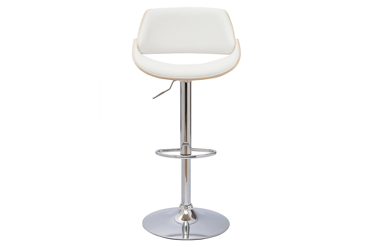 Tabouret de bar design rglable pivotant 360 blanc et bois clair CLASH