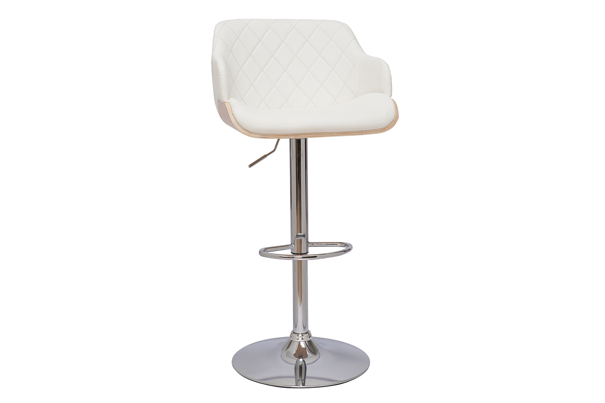 Tabouret de bar design rglable pivotant 360 blanc et bois clair LUCIEN