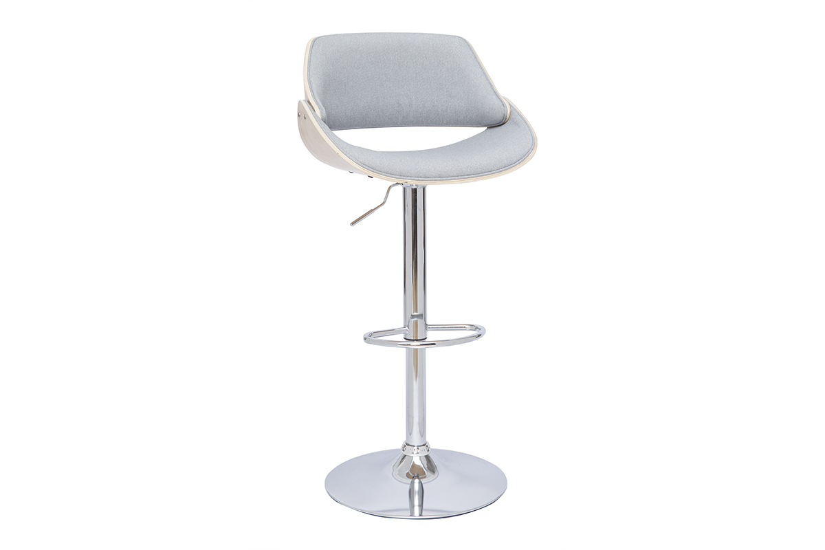 Tabouret de bar design rglable pivotant 360 en tissu gris et bois clair CLASH