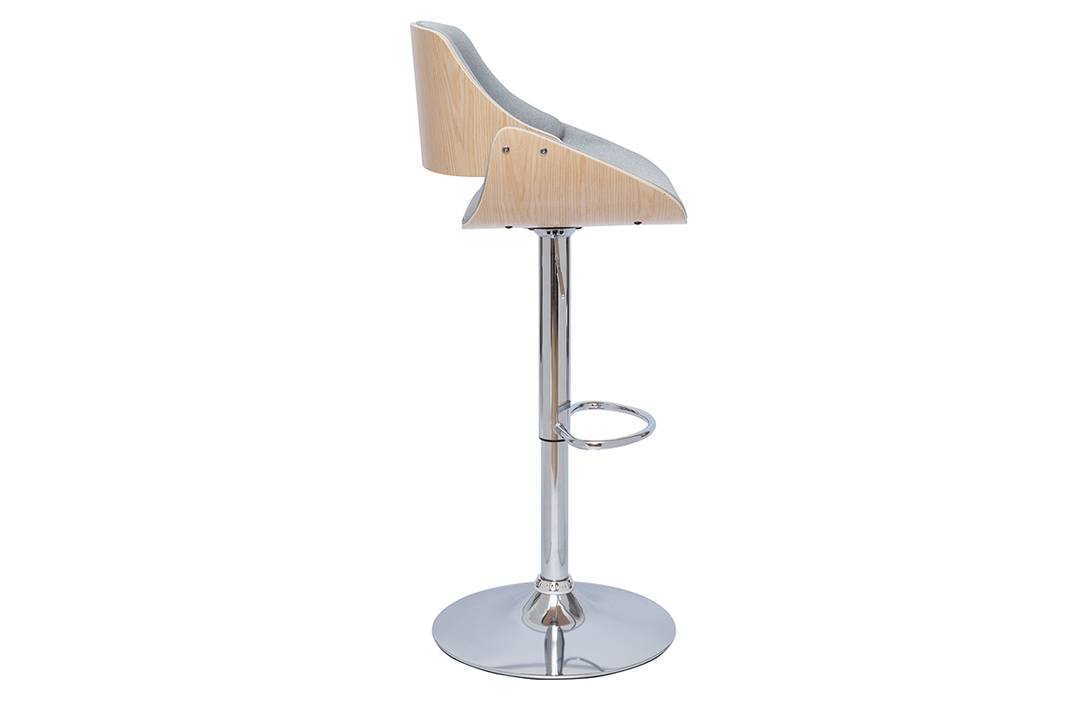 Tabouret de bar design rglable pivotant 360 en tissu gris et bois clair CLASH