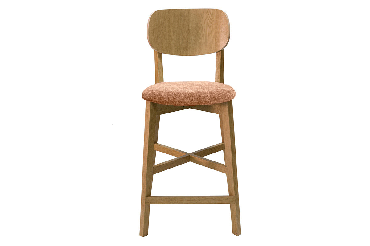 Tabouret de bar en bois clair chne et tissu effet velours terracotta H65 cm LUCIA