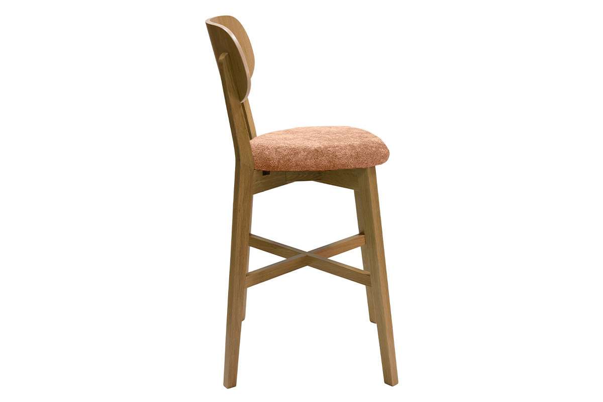 Tabouret de bar en bois clair chne et tissu effet velours terracotta H65 cm LUCIA