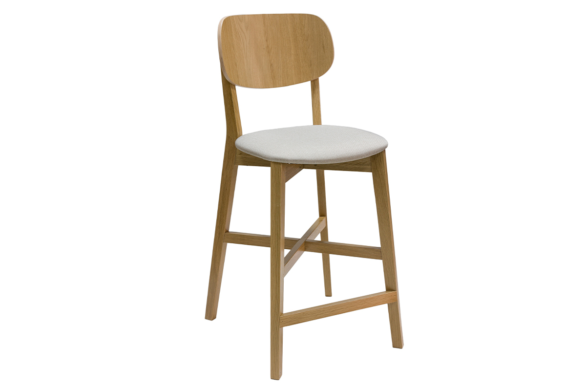 Tabouret de bar en bois clair chne massif et tissu beige H65 cm LUCIA