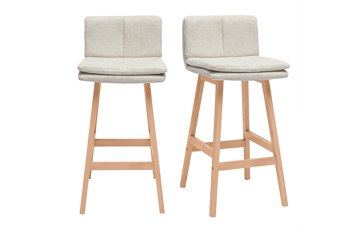 Tabouret de bar en tissu effet velours textur beige et bois (lot de 2) JOAN