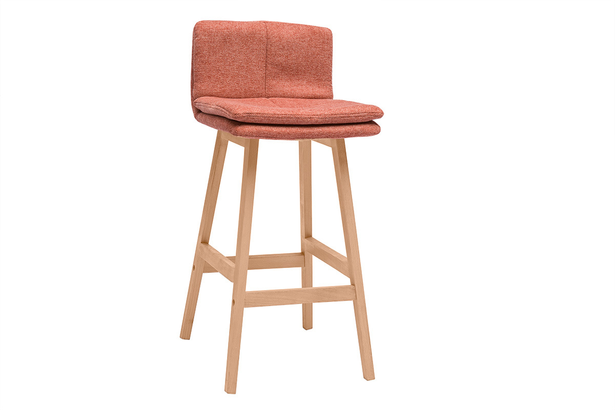 Tabouret de bar en tissu effet velours textur terracotta et bois (lot de 2) JOAN