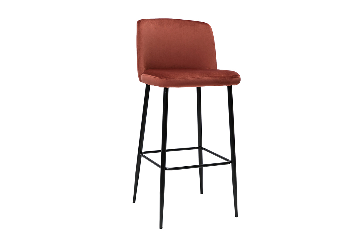 Tabouret de bar fixe velours rouge tomette et pied mtal noir H78 cm MONTI