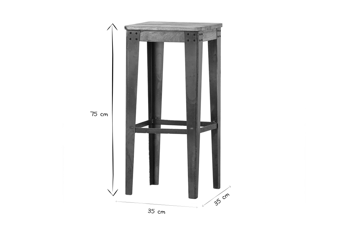 Tabouret de bar industriel acier et bois manguier massif H75 cm MADISON