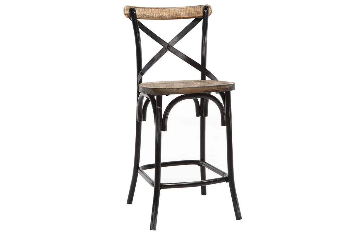 Tabouret de bar industriel en mtal noir et bois 65 cm JAKE