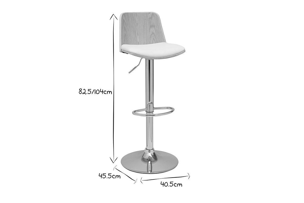 Tabouret de bar rglable blanc, bois clair et pied chrom DOA