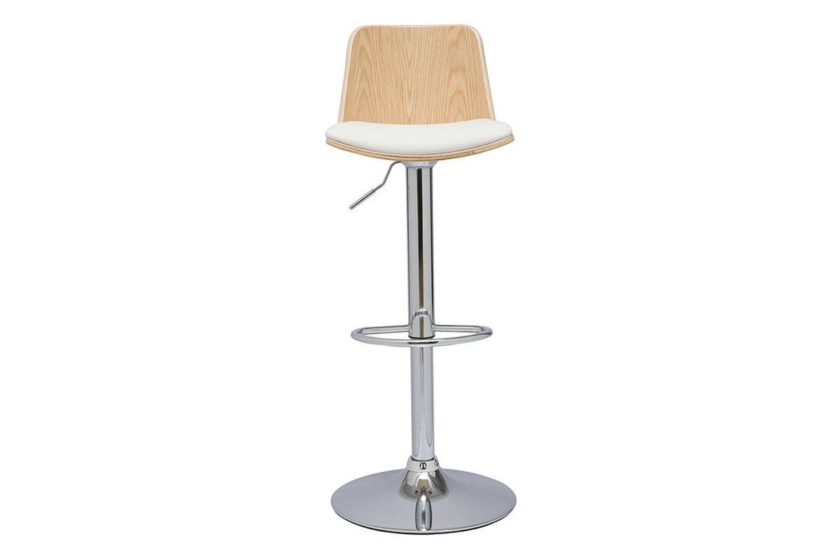 Tabouret de bar rglable blanc, bois clair et pied chrom DOA