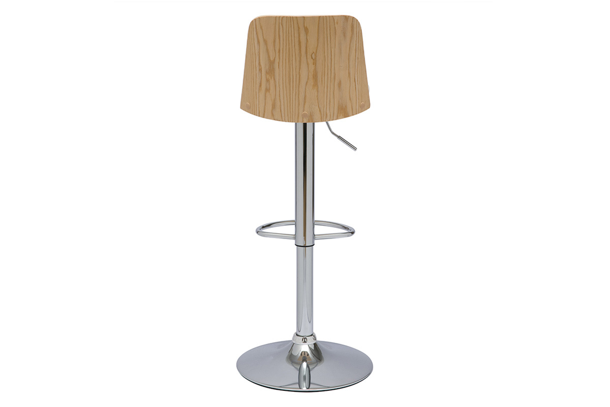 Tabouret de bar rglable blanc, bois clair et pied chrom DOA