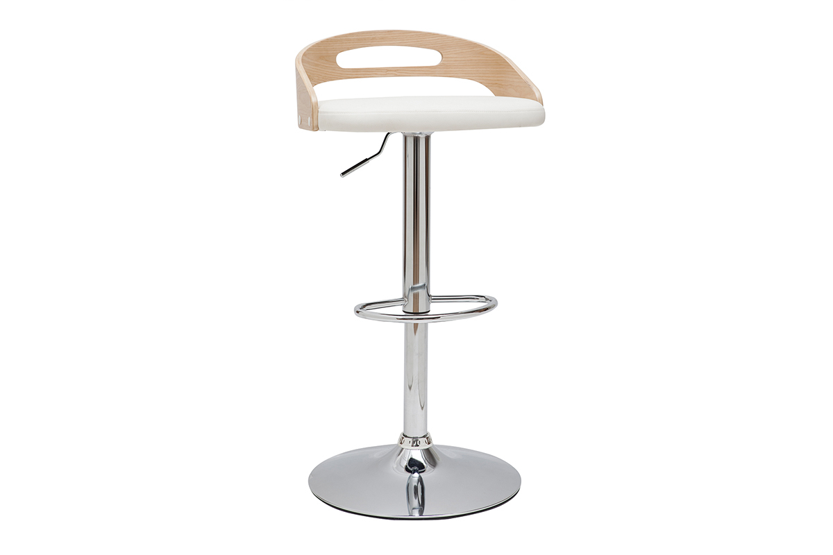 Tabouret de bar rglable design blanc et bois clair MANO