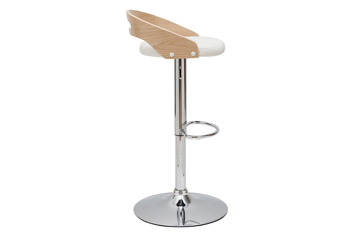 Tabouret de bar rglable design blanc et bois clair MANO