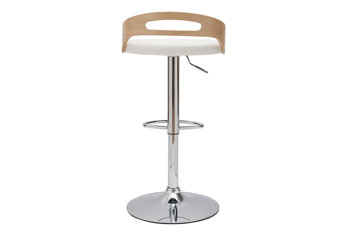 Tabouret de bar rglable design blanc et bois clair MANO