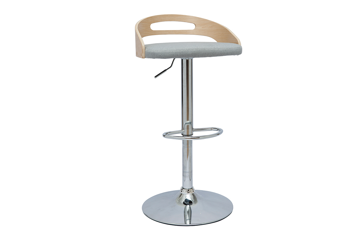 Tabouret de bar rglable design bois clair et tissu gris clair MANO