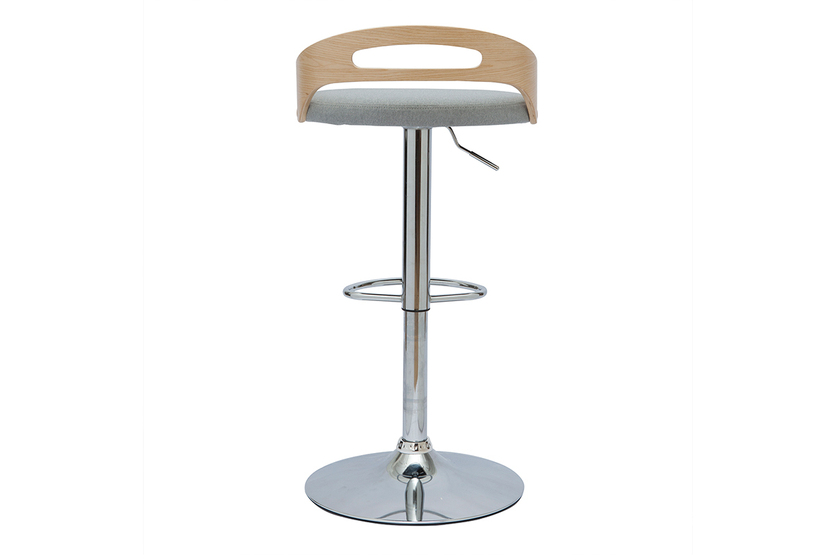 Tabouret de bar rglable design bois clair et tissu gris clair MANO