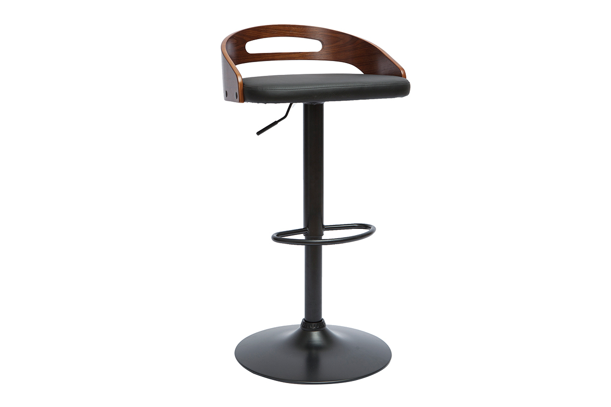 Tabouret de bar rglable design noir et bois noyer MANO