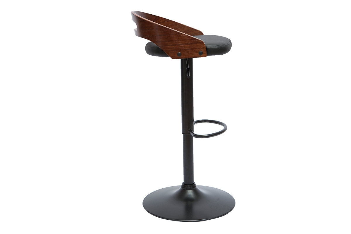 Tabouret de bar rglable design noir et bois noyer MANO