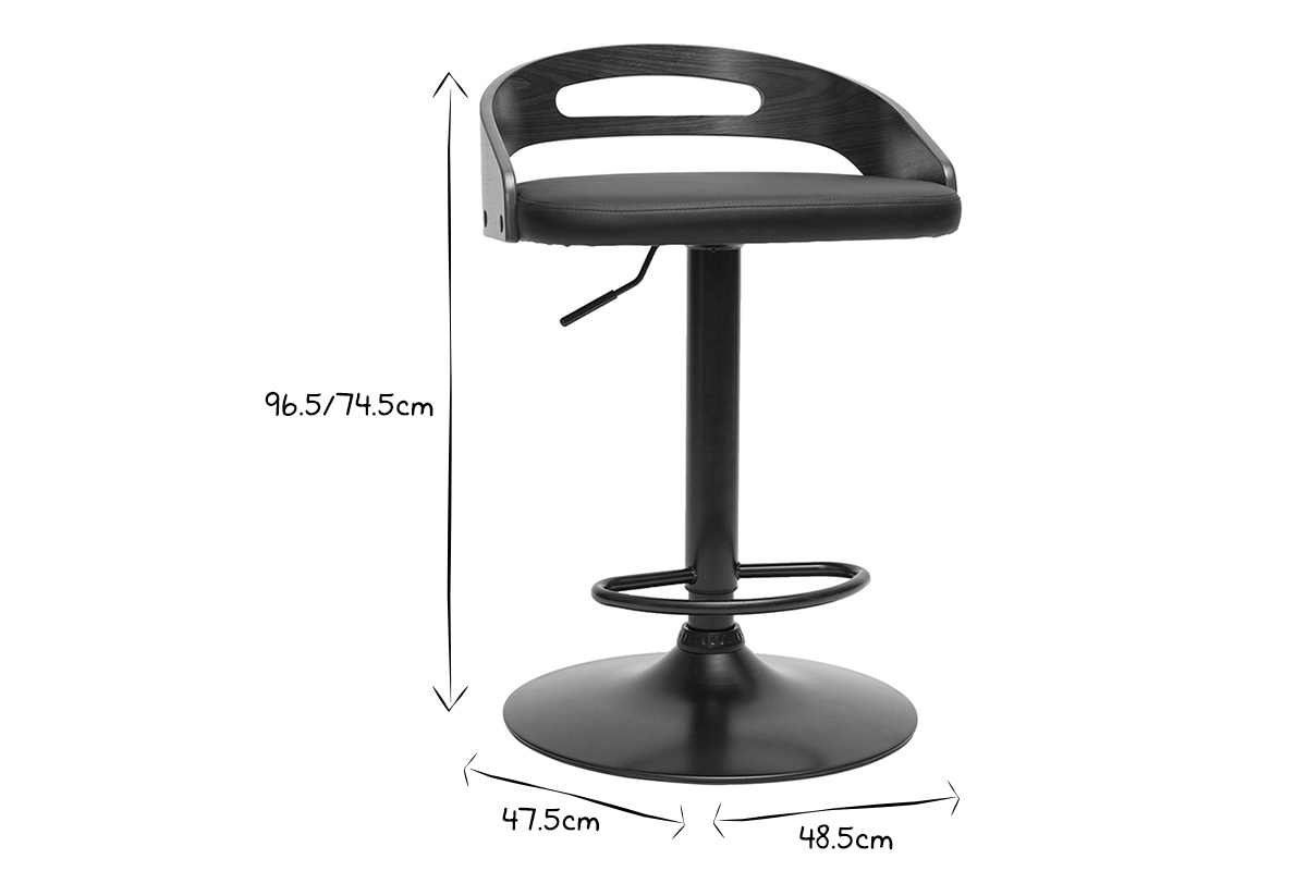 Tabouret de bar rglable design noyer et polyurthane noir MANO