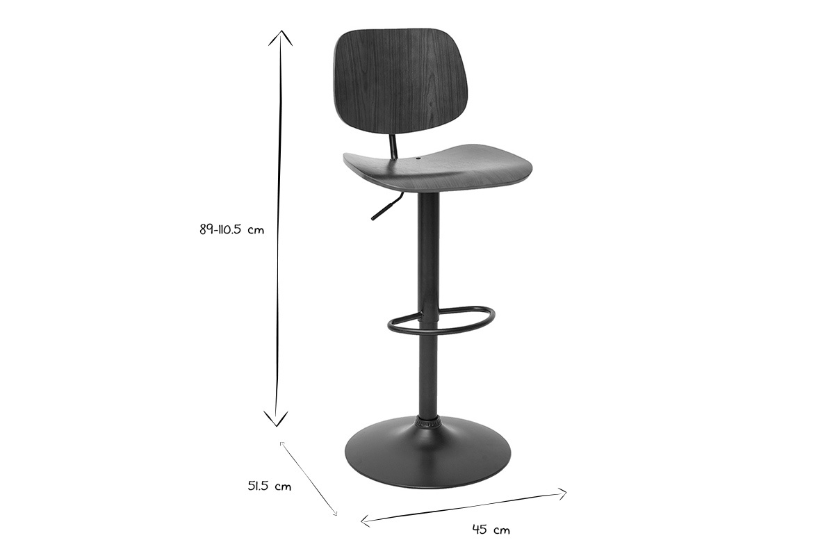 Tabouret de bar relevable noyer et mtal noir TOBIAS