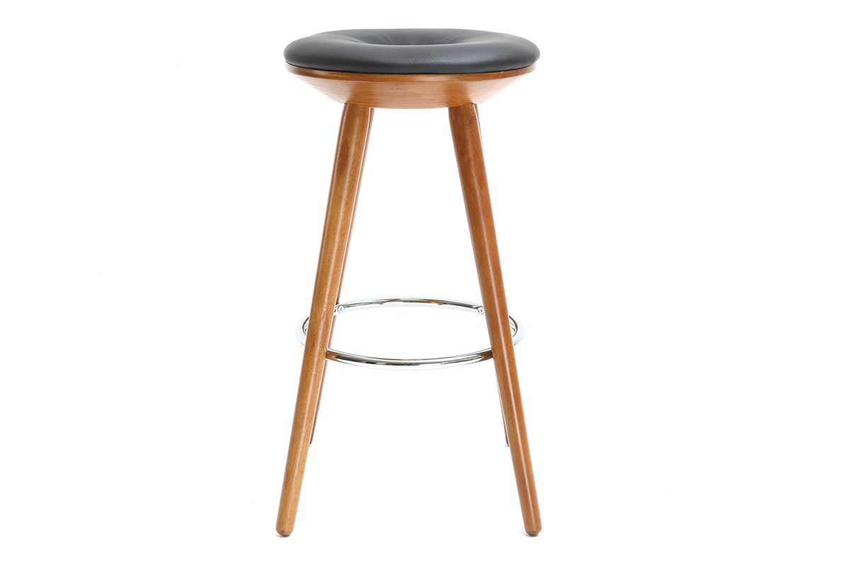 Tabouret de bar scandinave 65cm PU noir pieds noyer NORDECO