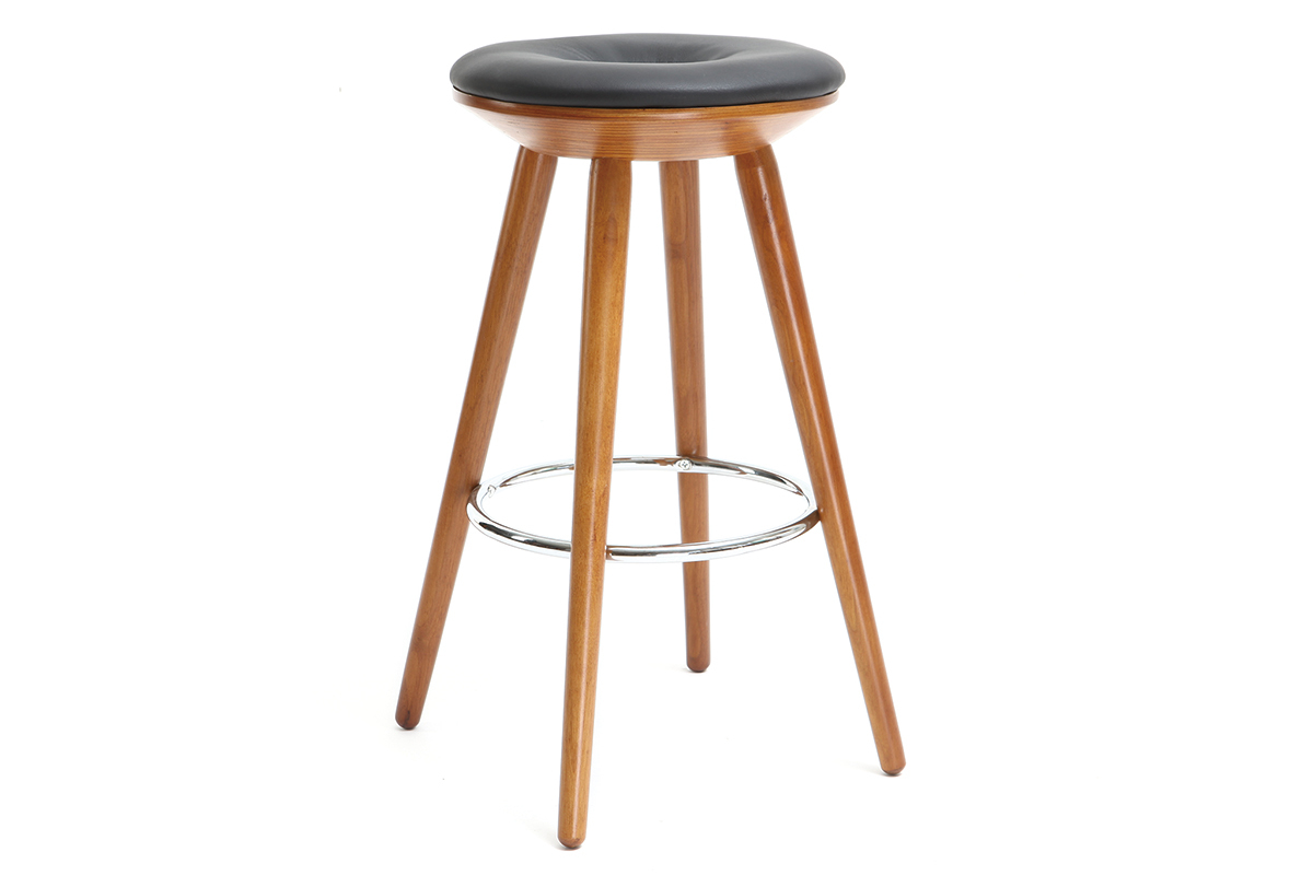 Tabouret de bar scandinave 65cm PU noir pieds noyer NORDECO