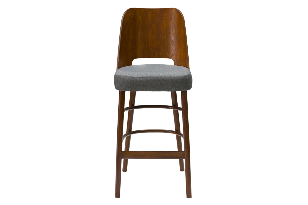 Tabouret de bar vintage noyer et tissu gris fonc H65 cm EDITO