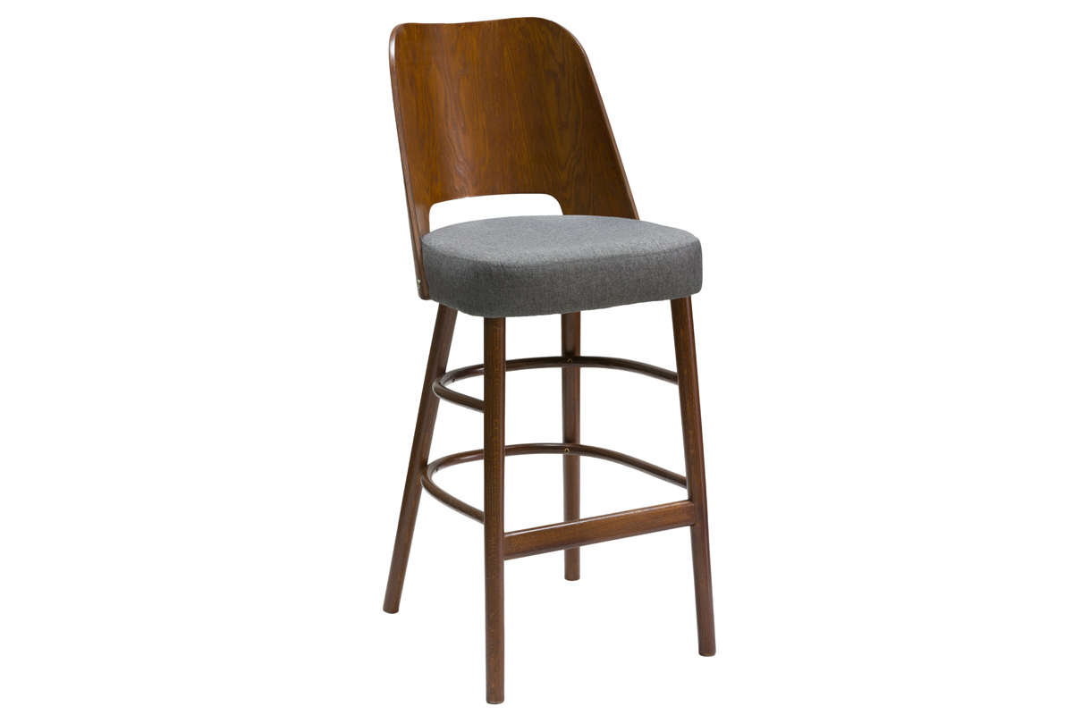 Tabouret de bar vintage noyer et tissu gris fonc H65 cm EDITO