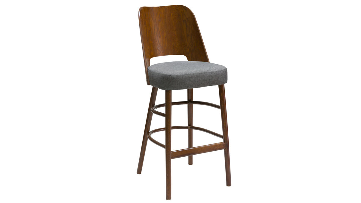 Tabouret de bar vintage noyer et tissu gris fonc H65 cm EDITO