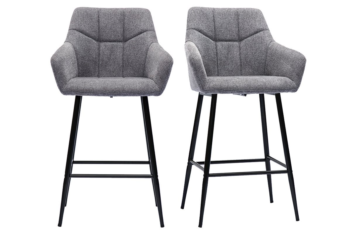 Tabourets de bar avec siges matelasss en tissu effet velours textur gris et mtal noir H65 cm (lot de 2) MONTERO