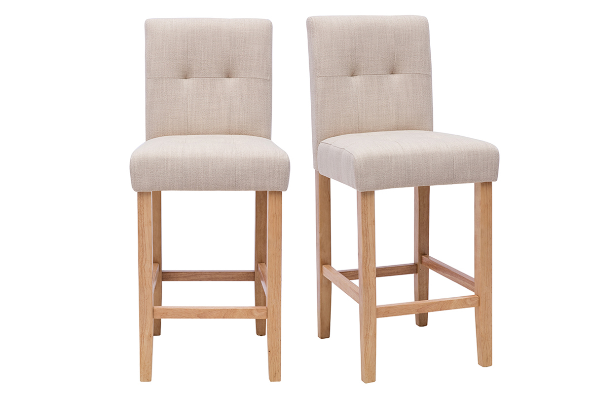 Tabourets de bar capitonns beige naturel et bois H66 cm (lot de 2) ESTER