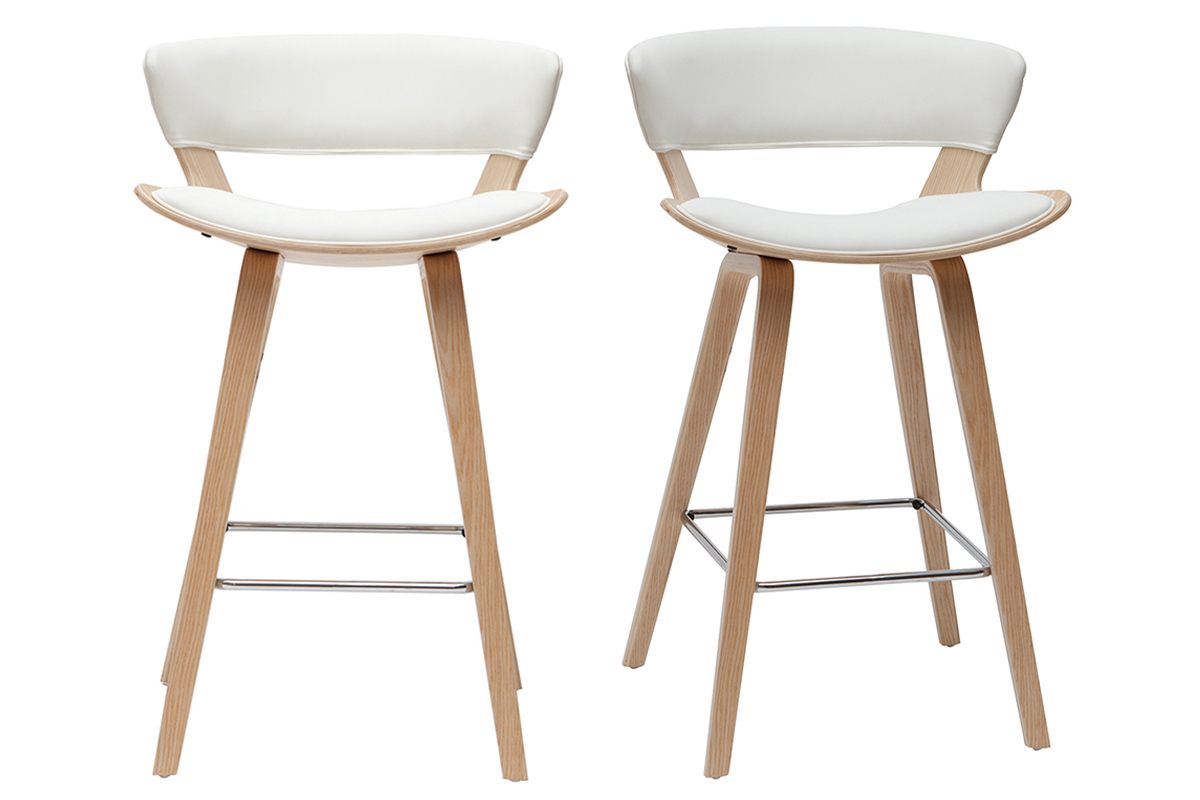 Tabourets de bar design blanc et bois clair H65 cm (lot de 2) SYRAH