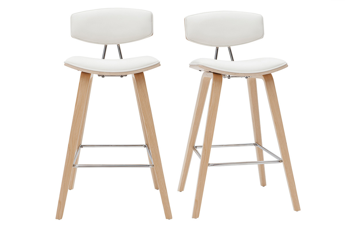 Tabourets de bar design blanc et bois clair H69 cm (lot de 2) VASCO