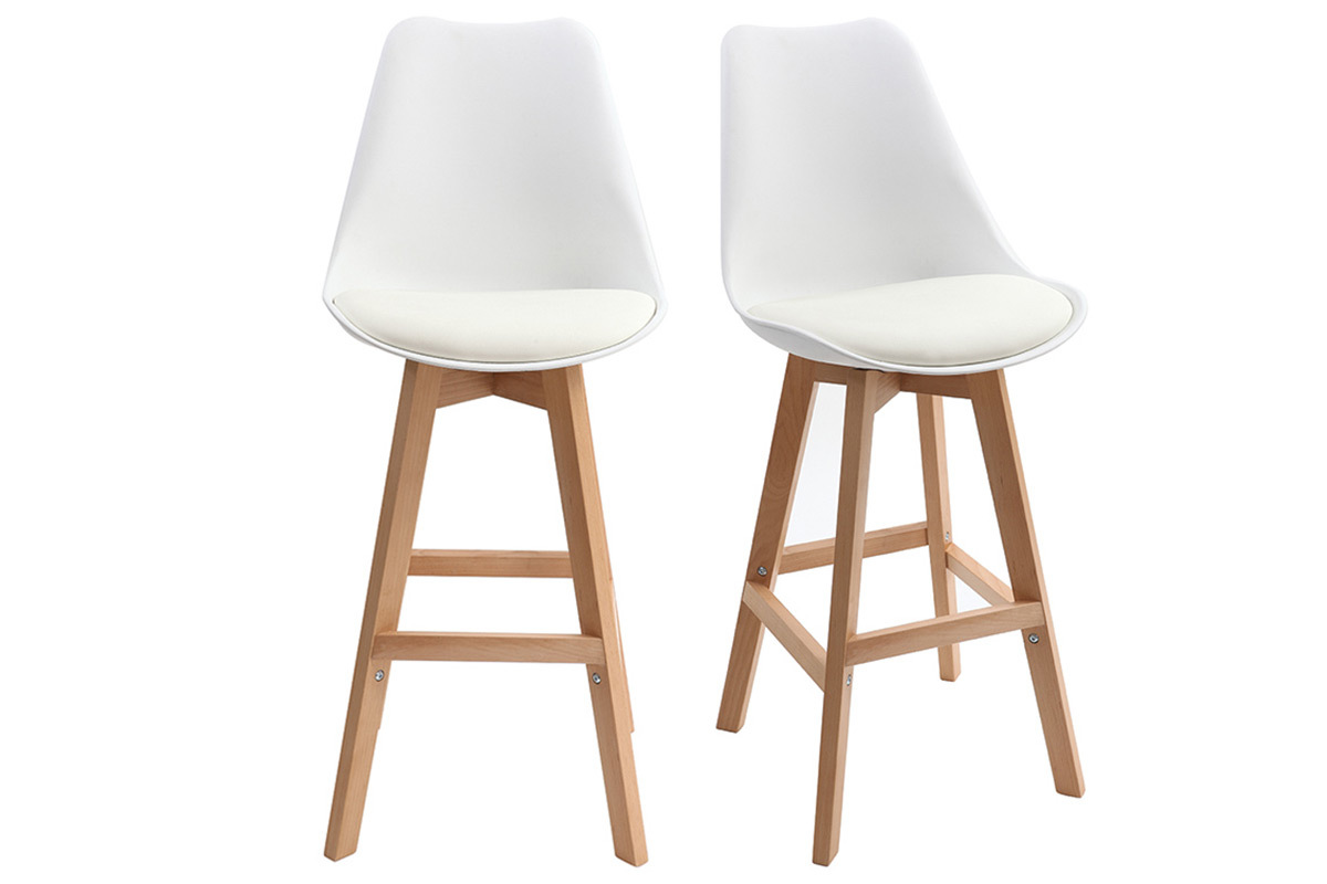 Tabourets de bar design blanc et bois H65 cm (lot de 2) PAULINE