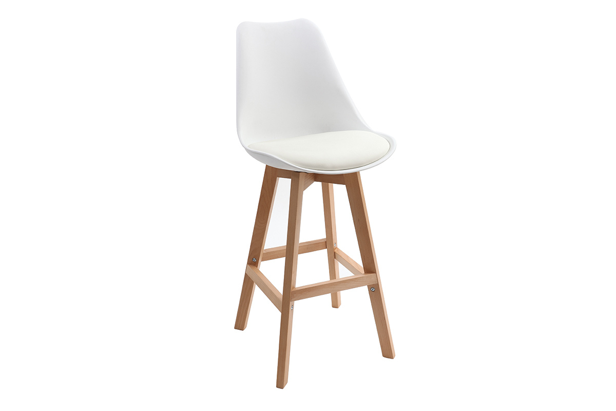 Tabourets de bar design blanc et bois H65 cm (lot de 2) PAULINE