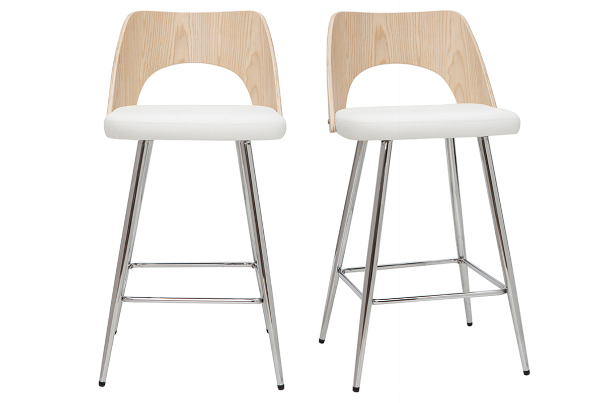 Tabourets de bar design bois et blanc H66.5 (lot de 2) FALCOM