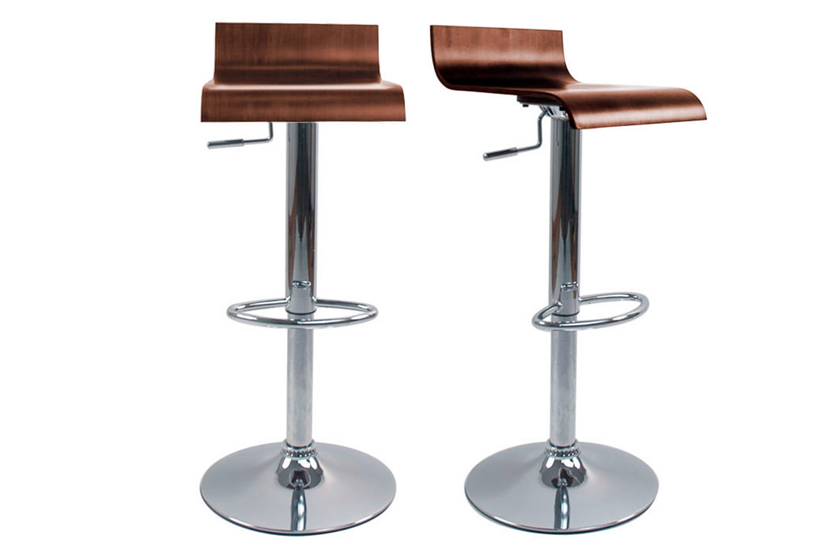 Tabourets de bar design bois fonc noyer et acier chrom (lot de 2) SURF V2