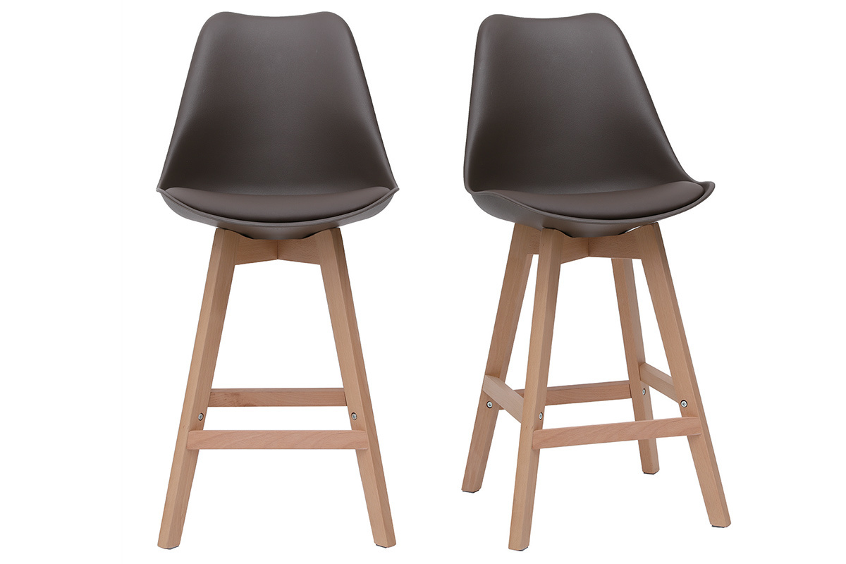 Tabourets de bar design chocolat et bois H65 cm (lot de 2) PAULINE