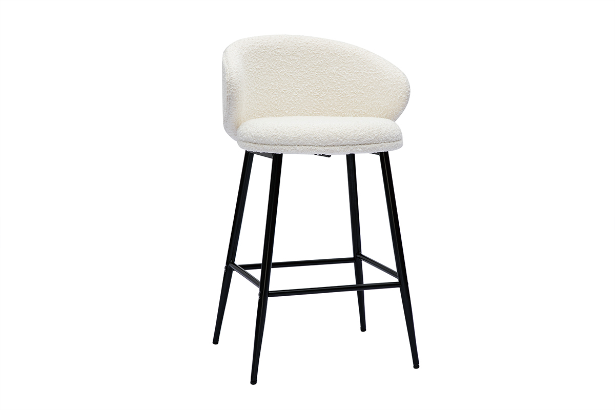 Tabourets de bar design en tissu effet laine boucle blanc cass et mtal noir H86 cm (lot de 2) ROSALIE