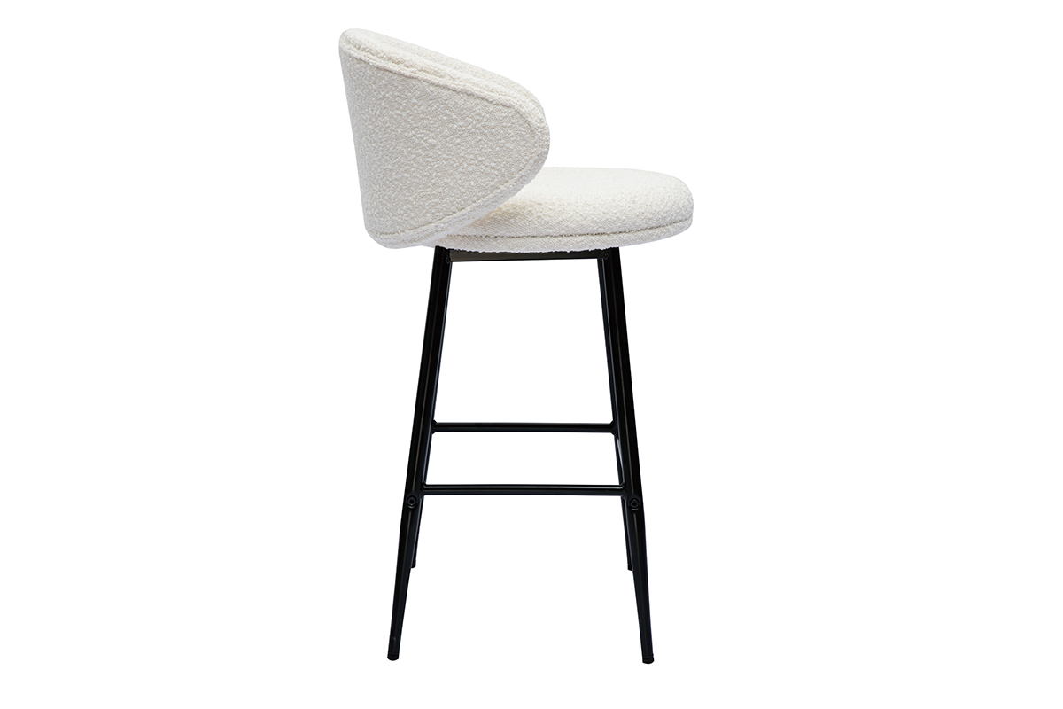 Tabourets de bar design en tissu effet laine boucle blanc cass et mtal noir H86 cm (lot de 2) ROSALIE